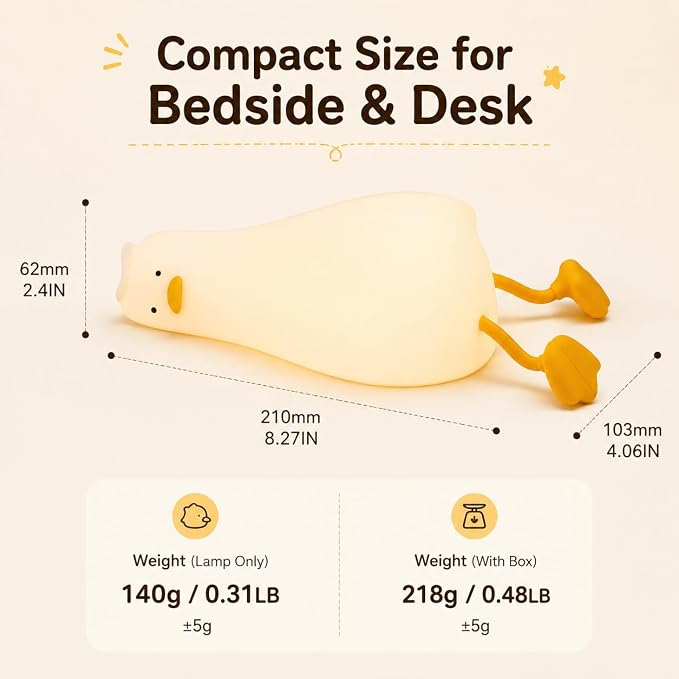 Cute Lying Flat Duck Night Light for Kids, Silicone Squishy Duck Lamp, 3-Level Dimmable Touch Control Bedside Night Light, USB Rechargeable Nursery Light for Baby Bedroom, Birthday Christmas Gift