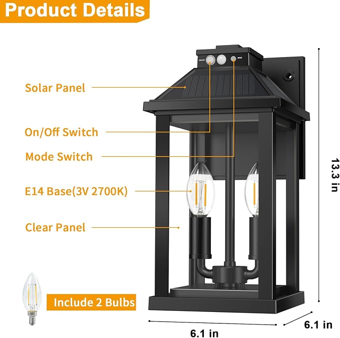 Solar Porch Lights Outdoor with Motion Sensor, Dusk to Dawn Waterproof Solar Wall Light with 3 Lighting Modes, Wall Sconce Light fixtures for Home Garage Porch Yard Front Door