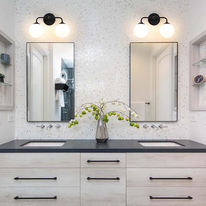 Industrial Matte Black 2-Lights Bathroom Light Fixtures, Vanity Wall Sconce Lighting with Milky White Glass Shade, Modern Bathroom Vanity Lighting, Wall Sconces over Mirror Dressing Table Bedroom