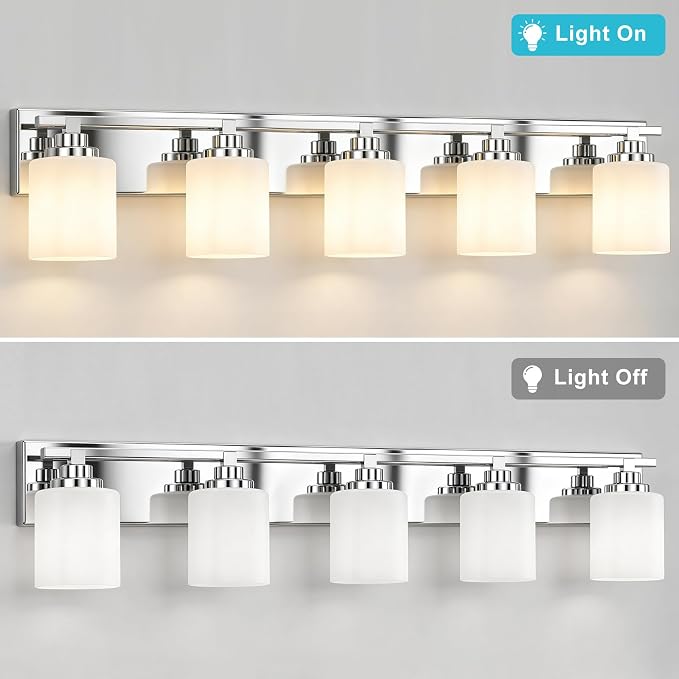 Modern Bathroom Lighting Fixtures Over Mirror, Vanity Lights for Bathroom, Wall Sconces with Milky White Glass Shades, E26 Ceramic Socket, 5-Light 35.4-inch Chrome