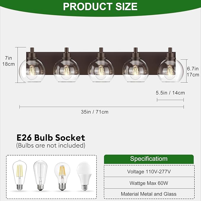 IZORRO Bathroom Light Fixtures, 5 Light Oil Rubbed Bronze Vanity Light, Modern Wall Sconces with Globe Clear Glass Shade, Vanity Lighting Fixtures Over Mirror,E26 Bulb Socket