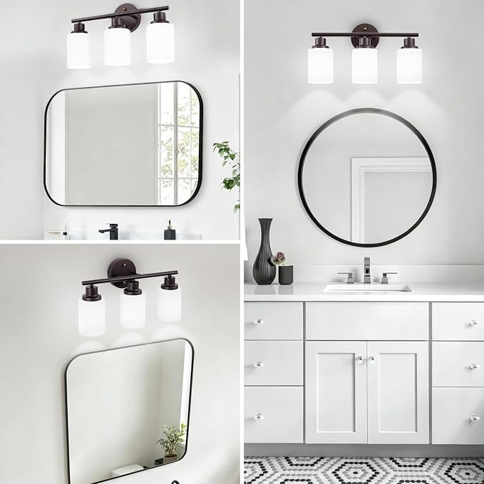 3-Light Bathroom Light Fixtures, Vanity Lights for Mirror with Textured Milky White Glass Shade, Modern Kitchen Light Fixtures Wall Sconce Light - E26 Base - Oil-Rubbed Bronze