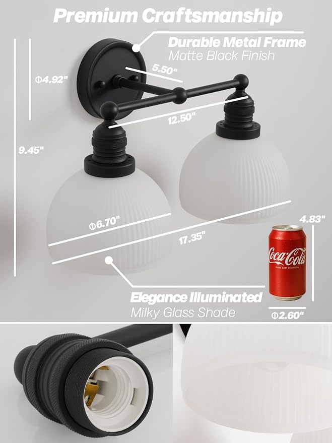 2-Light Wall Sconces,Black Double Bathroom Vanity Light with Milk Glass Minimalist Farmhouse Wall Sconce Light Lamp for Bathroom Mirror Living Room Bedroom Kitchen E26 Hardwire Indoor