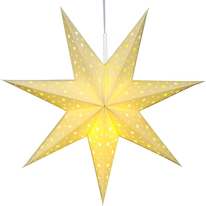 Mudder 19.7 Inch Christmas Star Paper Lantern 7 Pointed Christmas Window Lantern with 10 LED Light Strings Hanging Pendant Xmas Tree Ornaments for Holiday Decor Home(Classic,White)