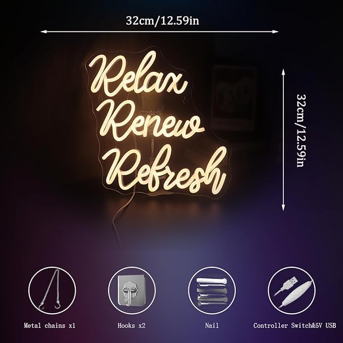 Relax Renew Refresh Neon Sign Led Dimmable Neon Lights for Bar Room Home Art Wall Decor Party Window Living Room Decor Christmas' Birthday Gift (Warm white)