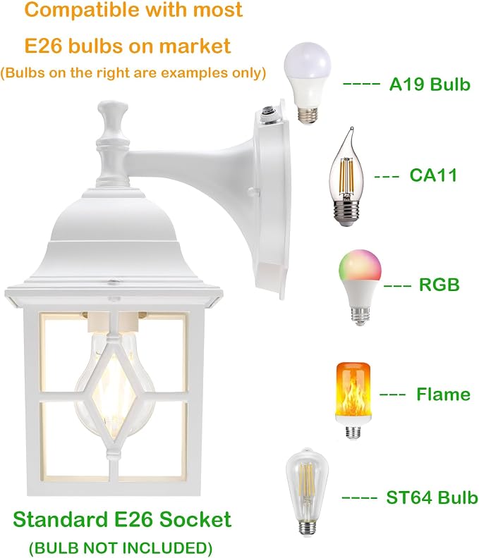 Outdoor Wall Light Fixture, Rustproof Aluminum, Glass | Dusk to Dawn Large Exterior Porch Light Wall Sconce Lantern for House, Patio, Garage, Waterproof, E26 Socket 60W Max, White