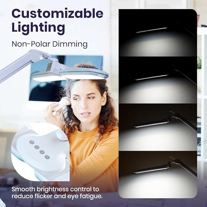 Neatfi Elite HD XL LED Desk Lamp | 3 Light Modes | Non-Polar Dimming | Eye-Caring Desk Light for Home Office, Drafting, Beauty Shop, Workbench (CCT with Clamp, Blue Ring, 17 Inches)