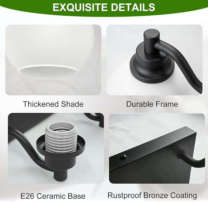 IZORRO Bathroom Light Fixtures, 6-Light Matte Black Vanity Light, Modern Wall Sconces with Globe Milk White Glass Shade, Vanity Lighting Fixtures Over Mirror,E26 Bulb Socket