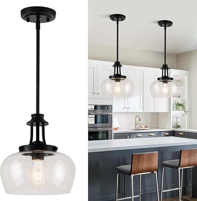 Modern Pendant Lights Kitchen Island, Matte Black Pendant Light Fixtures with 10" Clear Glass Shade, Industrial Hanging Pendant Lights Fixture for Kitchen Island, Dining Room, Bedroom, Foyer, Entryway
