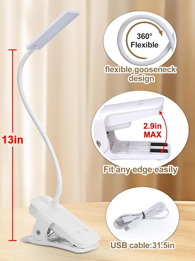 Eye Caring Clip on LED Bed Light 5 Color 5 Brightness Rechargeable Wireless | Flexible Neck Desk Lamp for College Dorm Essentials Reading