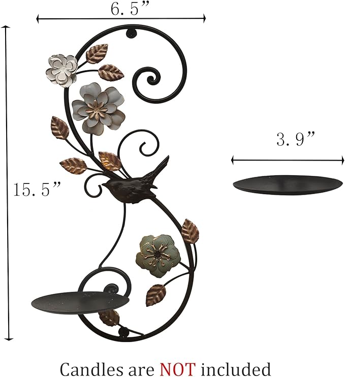 Farmhouse Wall Candle Sconces Set of 2 - Distressed Candle Holder Wall Mounted for Pillar - Vintage Metal Decor with Flower Leaves for Hallway Fireplace Bedroom Living Room