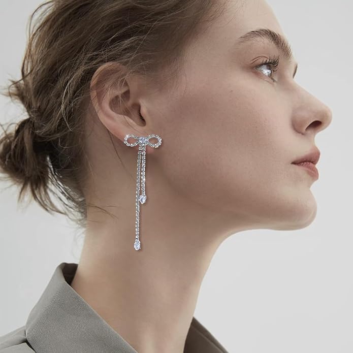 Luxval Rhinestone Earrings Dangling for Women Sparkly Silver Dangle Earrings Girls Long Chandelier Earrings Tassel Lightweight Ear Studs Cubic Zirconia Crystal Statement