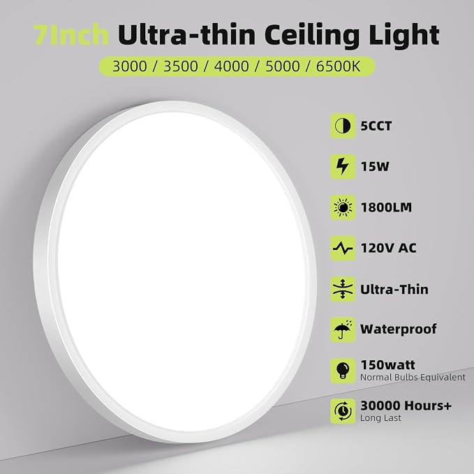 6PACK 7 Inch White Flush Mount Ceiling Light, 15W 1800LM Ceiling Light Fixture,3000K/3500K/4000K/5000K/6500K Color Temperature, LED Flat Ultra-Thin Round Lighting Fixture for Closet Bathroom Hallway