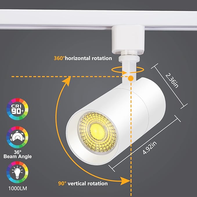 VANoopee 3-Color 10W H Track Lighting Heads Dimmable LED Track Light Heads Bright Rail Ceiling Spotlight Fixtures Accent Task, 3000K 4000K 5000K, Flicker Free CRI90+ 36° 1000lm, Matte White, Pack of 8