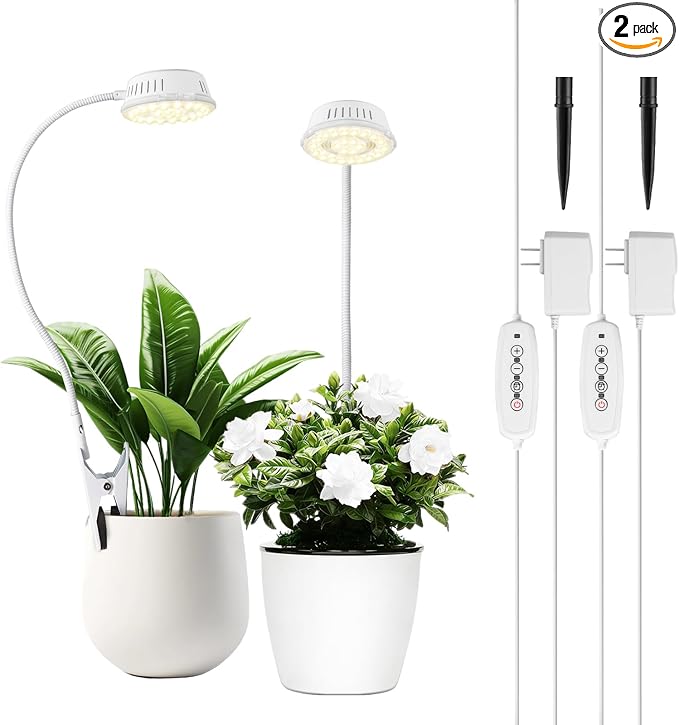 LORDEM Grow Lights for Indoor Plants, Clip-on Gooseneck Plant Lights for Indoor Growing，Full Spectrum LED Plant Light with 5 Dimming Levels,Auto On/Off Timer (6/8/12/16 Hrs),White,2 Packs