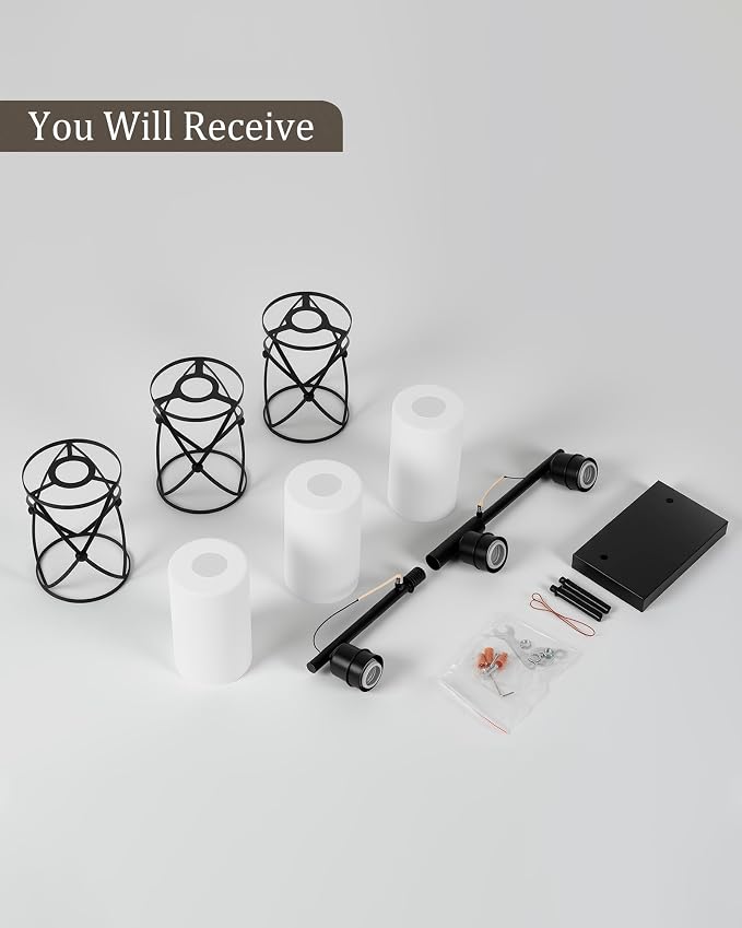 3-Light Black Bathroom Light Fixtures with Milk White Frosted Glass, 21" Modern Bathroom Vanity Lighting Fixtures Over Mirror with Metal Cage, Wall Sconce Lights for Bath, E26, CH9176BKW-3W