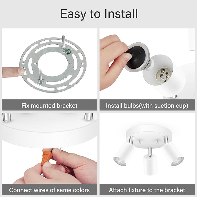 AUQUEE LED 3 Light Track Lighting Kit, LED Track Lighting Fixtures, White Round Ceiling Spot Lighting, Flexibly Rotatable Light Head for Kitchen, Living Room, Bedroom, GU10 Bulb Not Included