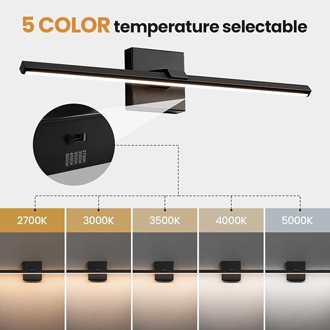 Black Bathroom Vanity Light 24 Inch Modern Bathroom Light Fixtures Over Mirror 18W Dimmable 5CCT LED Vanity Light Bar for Bathroom Mirror Cabinets Bedroom
