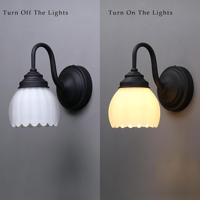 Phansthy Vintage Brass Boho Wall Sconces, Hardwired Wall Lights with Tulip Glass Lampshade, Brass Vanity Lamp Modern Wall Lighting Fixtures for Bedroom, Living Room, Hallway (Black + White Shade)