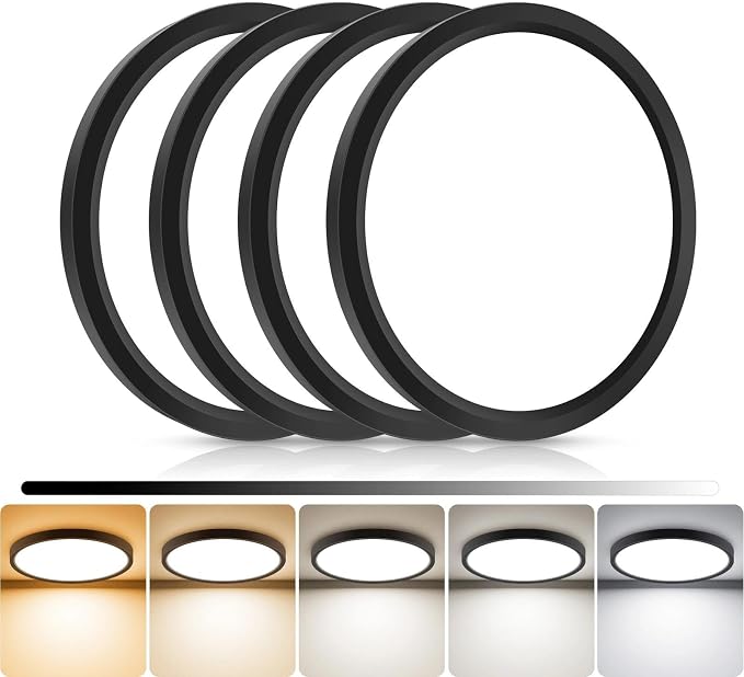 libtit 4Pack 7inch LED Flush Mount Ceiling Light, Dimmable & 5Color Temperatures (3000K-6500K), 15W Round Slim Black Light Fixture for Closet Hallway Kitchen Bathroom Laundry
