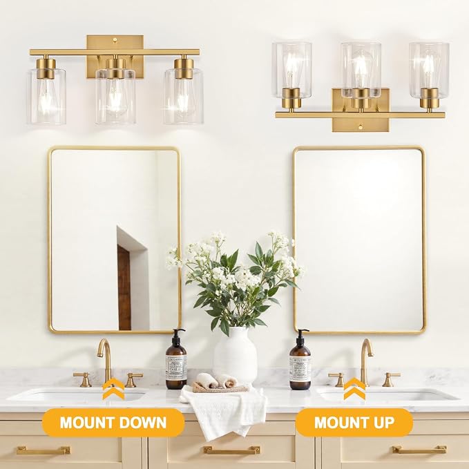 3-Light Brushed Gold Bathroom Vanity Light, Modern Bathroom Light Fixture with Clear Glass Shades, Wall Sconce for Mirror, Kitchen, Bedroom, Living Room, Hallway