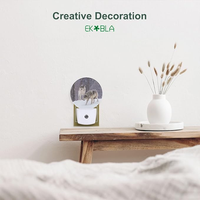 EKOBLA Wolf Spirits Night Lights Plug into Wall Wolf Howling in Woods Magical Wildlife Animal Plug-in Nightlights Dusk to Dawn Sensor Home Wall Decor Round Lamp for Boys Girls Men Women