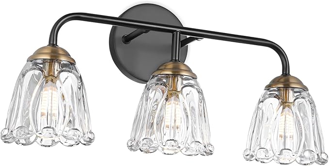 Vintage 3 Light Vanity Light, Black and Gold Bathroom Vanity Light, Bathroom Light Fixtures with Glass Shade, Antique Vanity Light Fixtures Over Mirror, Wall Sconce for Bedroom, Living Room