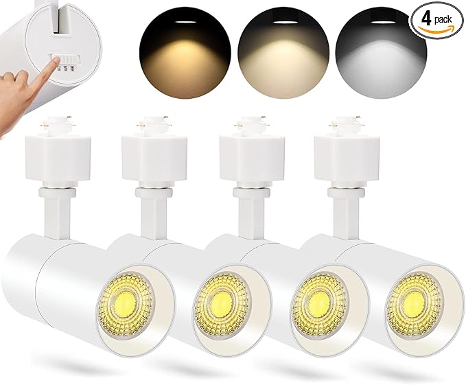 VANoopee 3-Color 10W H Track Lighting Heads Dimmable LED Track Light Heads Bright Rail Ceiling Spotlight Fixtures Accent Task, 3000K 4000K 5000K, Flicker Free CRI90+ 36° 1000lm, Matte White, Pack of 4