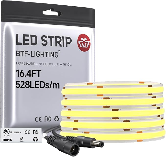 BTF-LIGHTING FCOB COB LED Strip Natural White 4000K, UL Listed 528LED/m High Density Uniform Light, 16.4FT DC24V CRI 90+ 10mm Width Tape Light for Home Indoor DIY Lighting(No Adapter or Controller)