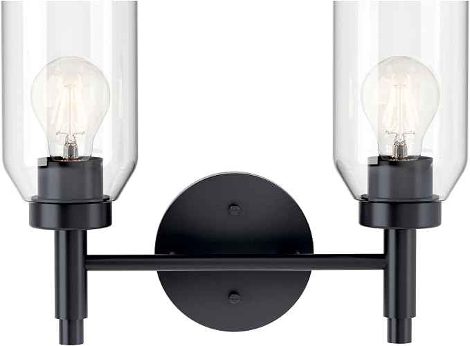 Kichler Madden 2-Light Bathroom Vanity Light, Black | Modern vanity light with clear glass for single or double bathroom mirrors (14.25" x 10.5"), 55184BK