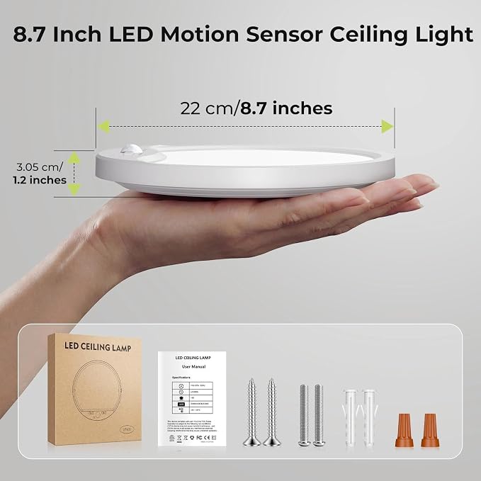 hepside 4 Pack Motion Sensor Ceiling Light Wired, 3000K/4000K/6500K LED Flush Mount Ceiling Light Fixture, 8.7Inch 18W Motion Sensor Light with Timer for Closet Stair Porch Hallway Pantry,White