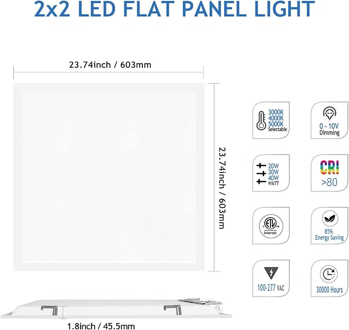 CycevSun 4-Pack 2x2 LED Flat Panel Light Drop Ceiling, 0-10V Dimmable | 40W, 4400LM, 3CCT 3000K/4000K/5000K Selectable, 100-277V, ETL Listed, Office, Commercial, Classroom