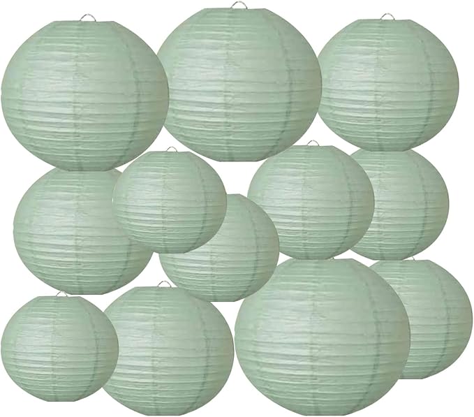 Dusty Sage Green Paper Lanterns Decorative Hanging Lanterns - Soft Matte Wedding Party Décor, Indoor Outdoor Boho Home Decoration (Size of 4”, 6”, 8”, 10”,12pc Set)