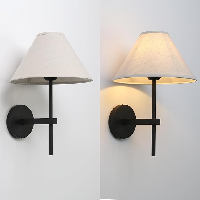 Pathson Hardwired Linen Wall Sconce Big Cone Fabric Lampshade, Vintage Wall Vanity Light Fixture Upwards Install, Indoor Bedside Lamp Victorian Decor for Living Room, Stairwell, Fireplace, Foyer
