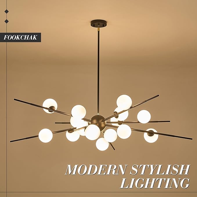 Large Black Sputnik Chandelier 51in 16-Light Frosted Glass Chandelier Light Fixture Mid-Century Modern Molecular Chandeliers for Large Living Room Dining Room Foyer Kitchen Bedroom