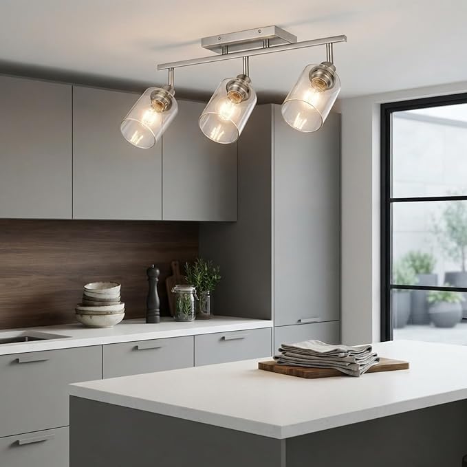 3 Light Track Lighting Fixtures Ceiling, Brushed Nickel Wall Scones | Modern Track Lighting Kit with Clear Glass, Rotatable Spotlight Ceiling Mount for Kitchen Shop Hallway Restaurants