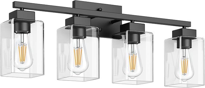 4-Light Bathroom Light Fixtures, Matte Black Modern Vanity Lights, Bathroom Lighting Fixtures Over Mirror, Square Design Farmhouse Wall Sconces with Clear Glass Shades