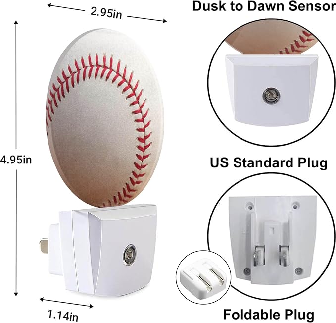 Home Baseball Decorative Night Light Sports Theme White and Red Baseball Laces Softball Laces Night Lights Plug into Wall with Dusk to Dawn Sensor for Boys Men Room Decor