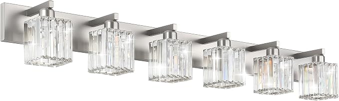 Aipsun Brushed Nickel Bathroom Light Fixtures 6 Light Vanity Lighting Fixture Crystal Modern Bathroom Vanity Light (Exclude Bulb)