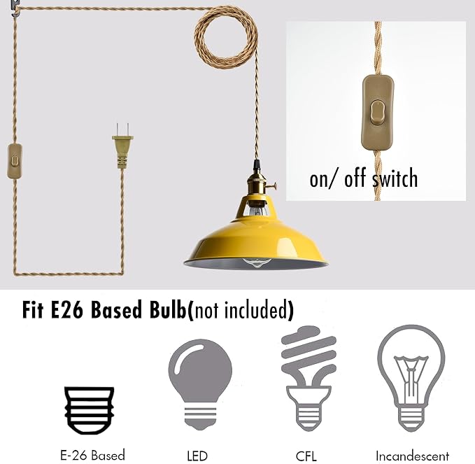 YUBOLE Nordic Plug in Hanging Pendant Light with Yellow Metal Barn Shade | 10.6"W Barn Shade, E26 Hanging Swag Light Fixture with Switch for Kitchen Bedroom Foyer Dining Bar Reataurant Cafe Loft