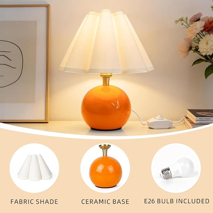 Small Bedside Table Lamp, 11.8'' Ceramic Stepless Dimmable Lamp (Orange) | with scalloped fabric shade for nightstand & living room. Perfect for quiet nights to create a cozy, relaxing atmosphere