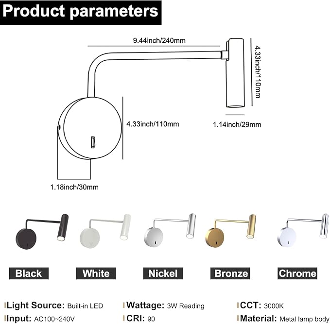 ZEROUNO Wall Mounted Lamp, Hardwired LED Wall Sconce with Switch on/Off Modern 3000K Swing Arm Bedside Indoor Wall Mount Lamp (Chrome)