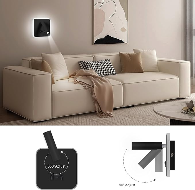 Kawell Indoor LED Wall Lamp with Switch Adjustable Bedside Wall Spotlight Modern LED Reading Wall Light with USB Charging Port for Bedroom Living Room Study Library, Black(Cold White)