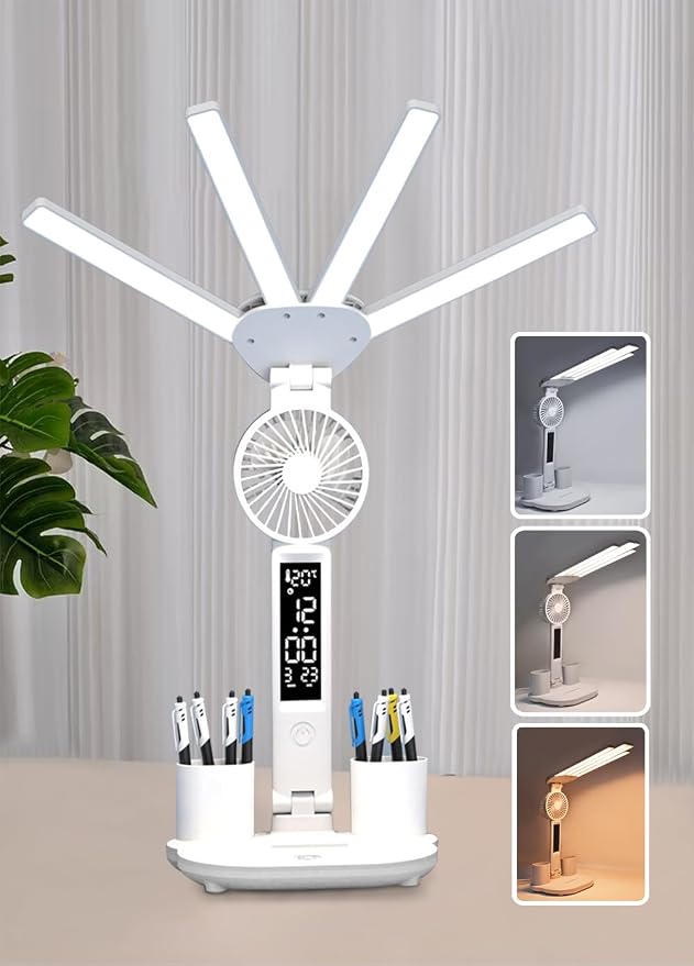 6-in-1 Led Desk Lamp Adjustable Foldable Table Lamp with Fan, Clock, Dates, Temperature, Pen Holder, 3 Color & Stepless Dimming, Reading Lamp for Study Table Work Office