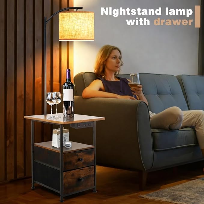 PESRAE Floor Lamp with Table & 2 Drawers, End Table with 3 Color Temperature Reading Light, Side Table Lamp with USB & Type C & AC Charging Port for Living Room, Bedroom (Rustic Fusion Brown)