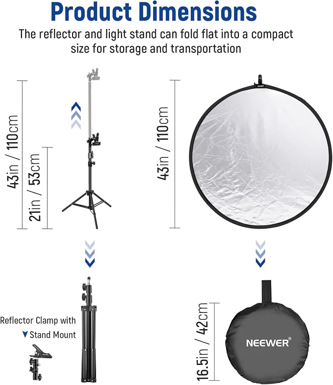 NEEWER 43"/110cm Light Reflector Kit, 5 in 1 Collapsible Round Reflector (Translucent/Silver/Gold/White/Black), Metal Clamp and 21"-43”/53-110cm Short Stand for Low Angle Studio Photography | Foldable, Translucent/Silver/Gold/White/Black, Metal Clamp, ...