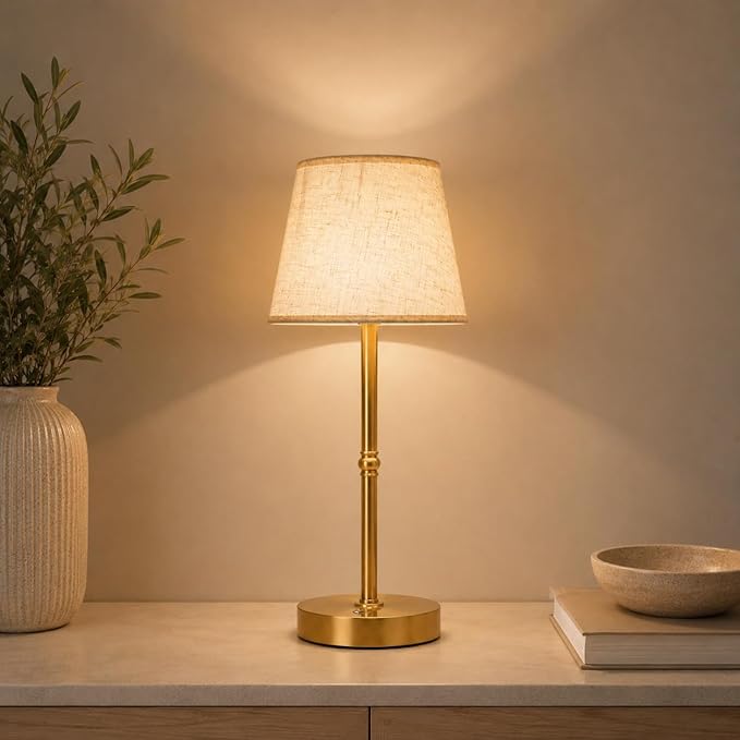 Cordless Table Lamp Rechargeable, 6000mAh Battery Operated LED Lamp with USB-C, Touch Control Stepless Dimmable Small Gold Fabric Lamp for Kitchen Counter, Small Spaces, Bedroom, Living Room