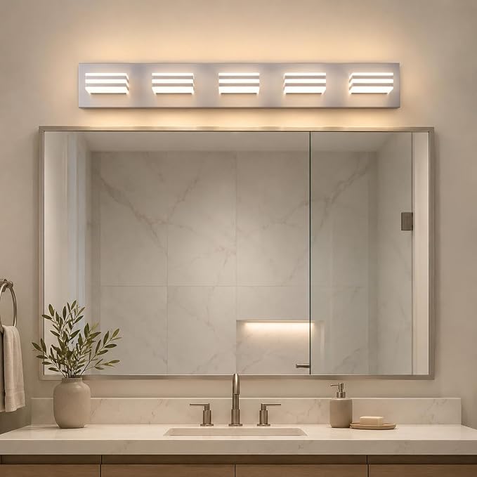 Yumecrelect 5-Light Brushed Nickel Vanity Light Fixture, 34 Inch 40W 5CCT Dimmable LED Bathroom Wall Light with Clear Acrylic Shade, Hardwired Over Mirror Lighting for Master Bath