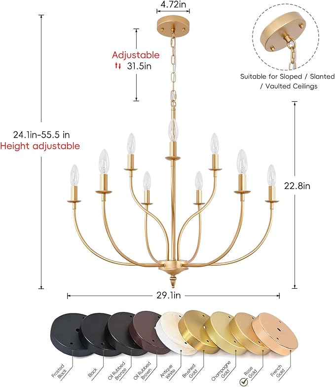 Gold Chandelier, 9-Light Gold Farmhouse Chandelier, 2-Tier Candle Modern Farmhouse Chandeliers for Dining Room Living Room Bedroom Foyer