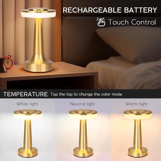 JHPGEOE Cordless Metal Desk Lamp, Touch Sensor Control LED Table Lamp,3 Color Stepless Dimmable Battery Powered Lamp for Living Room, Dorm, Home Office (Gold)